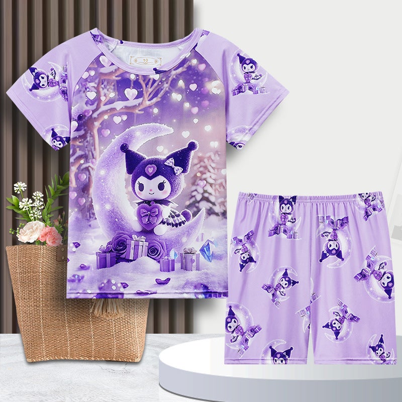 Milk Silk Summer Cartoon Crew Neck Children'S Pajamas Short Sleeve Shorts Suit Boys And Girls Home Clothes - Image 2